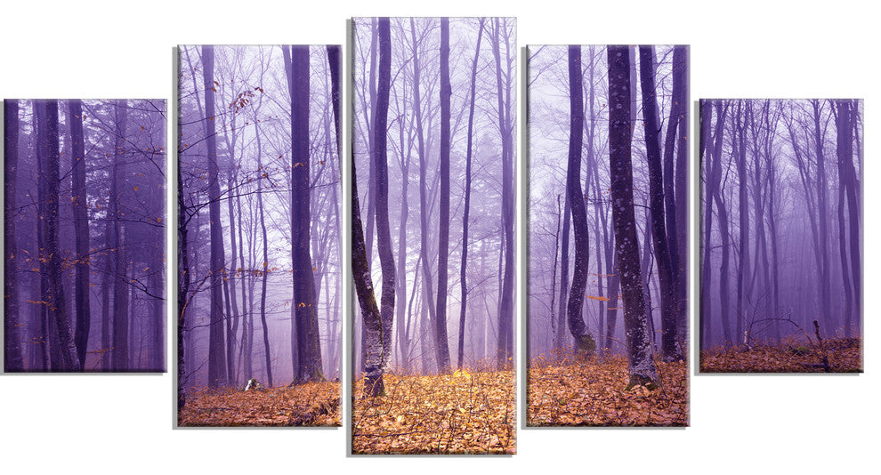 Magenta Foggy Fairytale Forest, Forest Canvas Art Print, 60"x32", 5 Panels