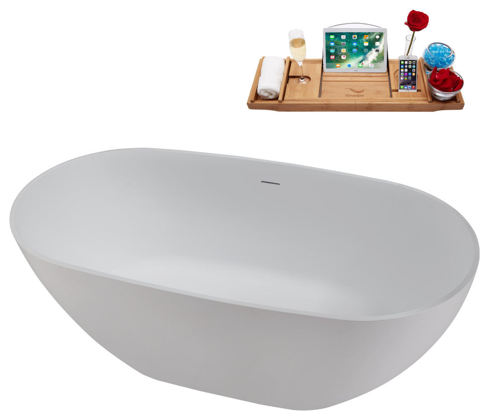 59" Streamline NS5860CH Matte White Stone Resin Bathtub, Tray With Chrome Drain