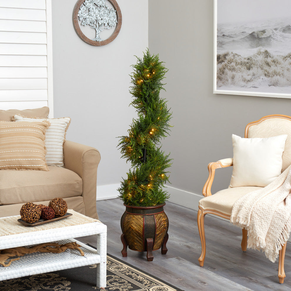 4.5' Spiral Cypress Faux Tree, Planter W/80 Clear LED Lights  Indoor/Outdoor