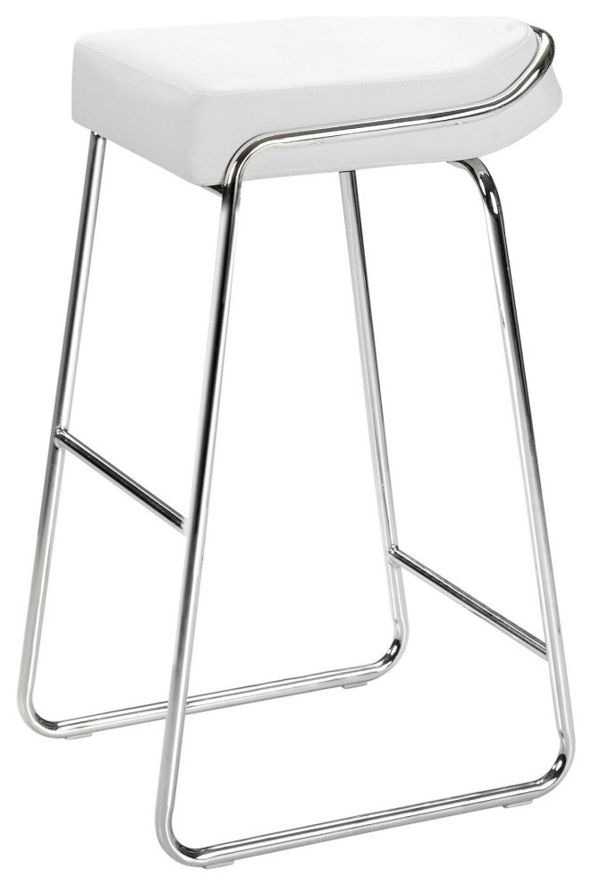 Bar Stool Chair Barstool, Set of 2, Faux Vinyl Leather, Steel, White, Chrome