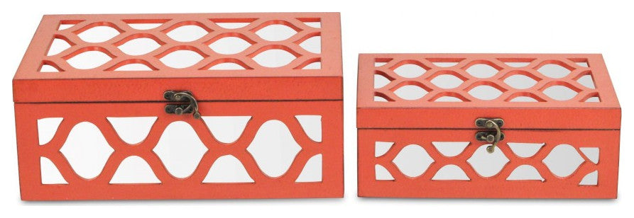 Set of Coral Quatrefoil Mirror Jewelry Storage Boxes