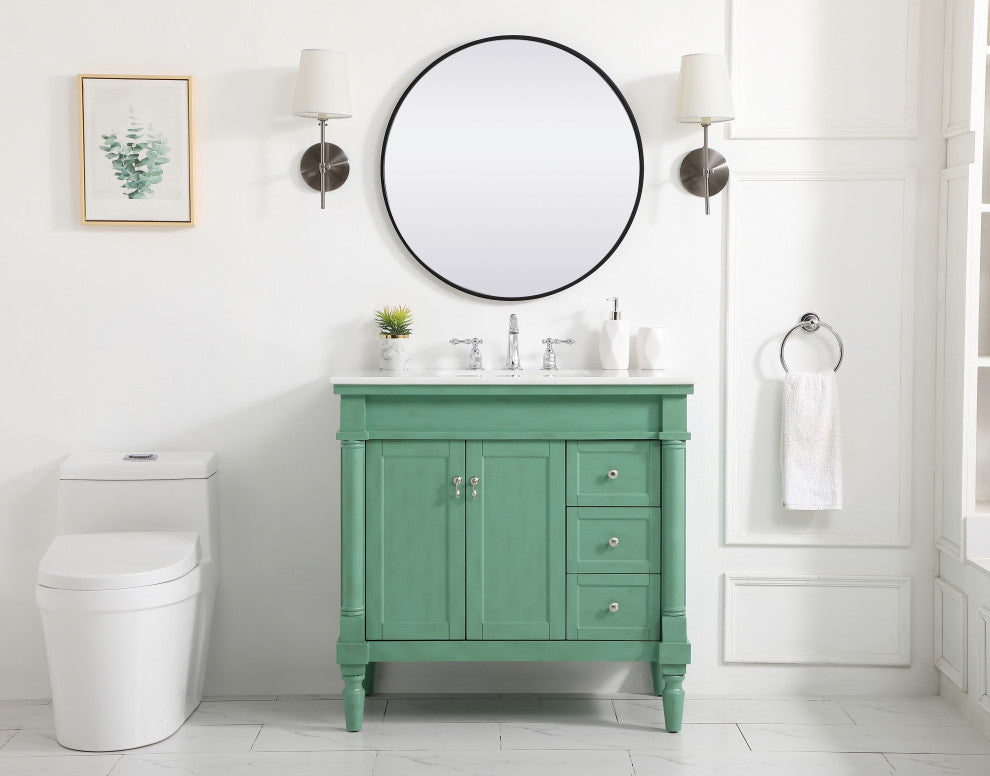 36" Single Bathroom Vanity, Vintage Mint With Ivory White Engineered Marble