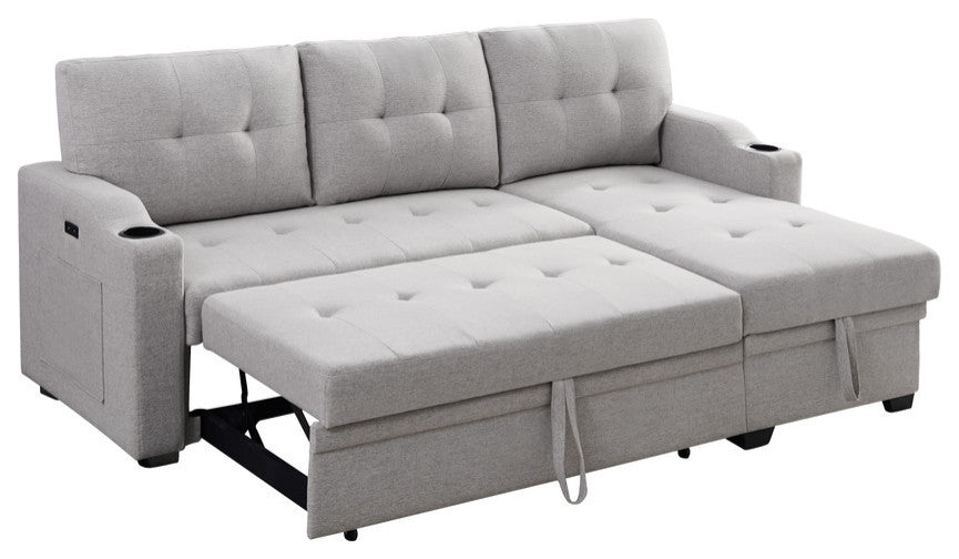 Mabel Fabric Sleeper Sectional With Cupholder, USB and Pocket, Light Gray, Linen