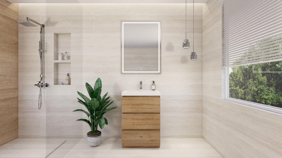 Alston 24" Free Standing Modern Vanity, Nature Oak, Glossy White Top