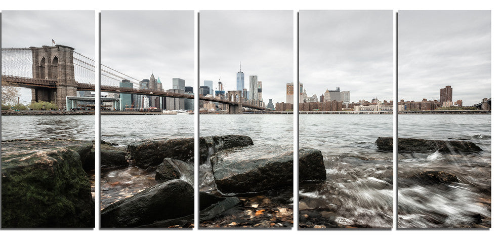 Brooklyn Bridge with Rocks on Shore, Cityscape Canvas Print, 60"x28", 5 Panels