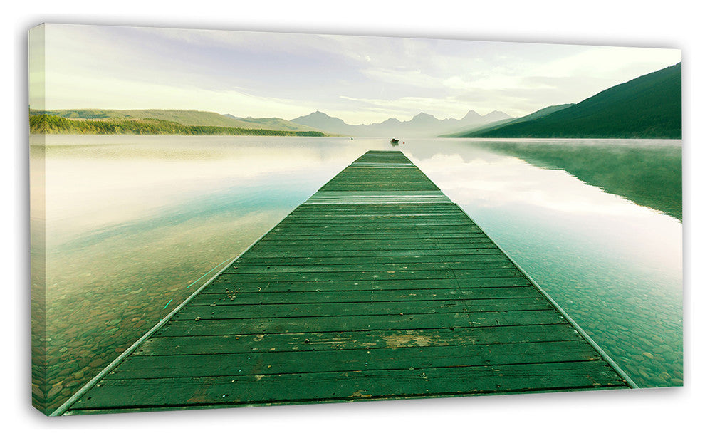 Green Wood Pier At Glacier Park, Seashore Canvas Art Print, 32"x16"