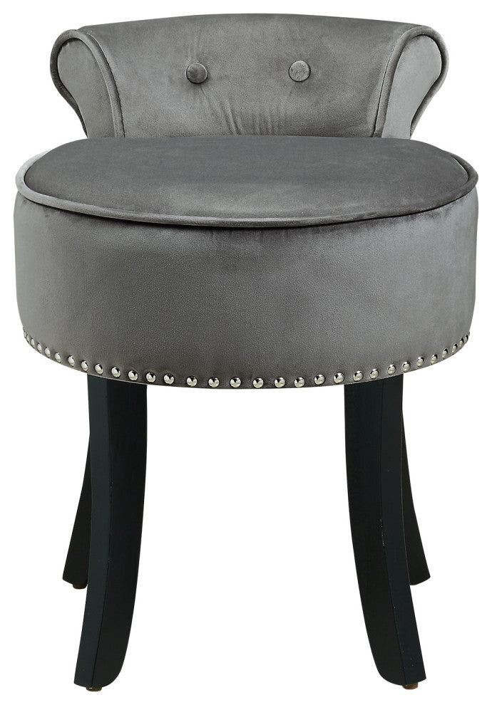 Ludovic Velvet Contemporary Nailhead Trim Rolled Back Vanity Stool, Light Gray
