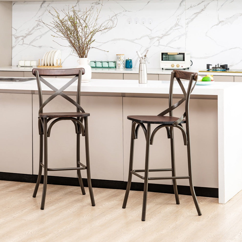 Rustic Steel Bar Stool With Solid Elm Wood Seat and Back Support, Set of 2