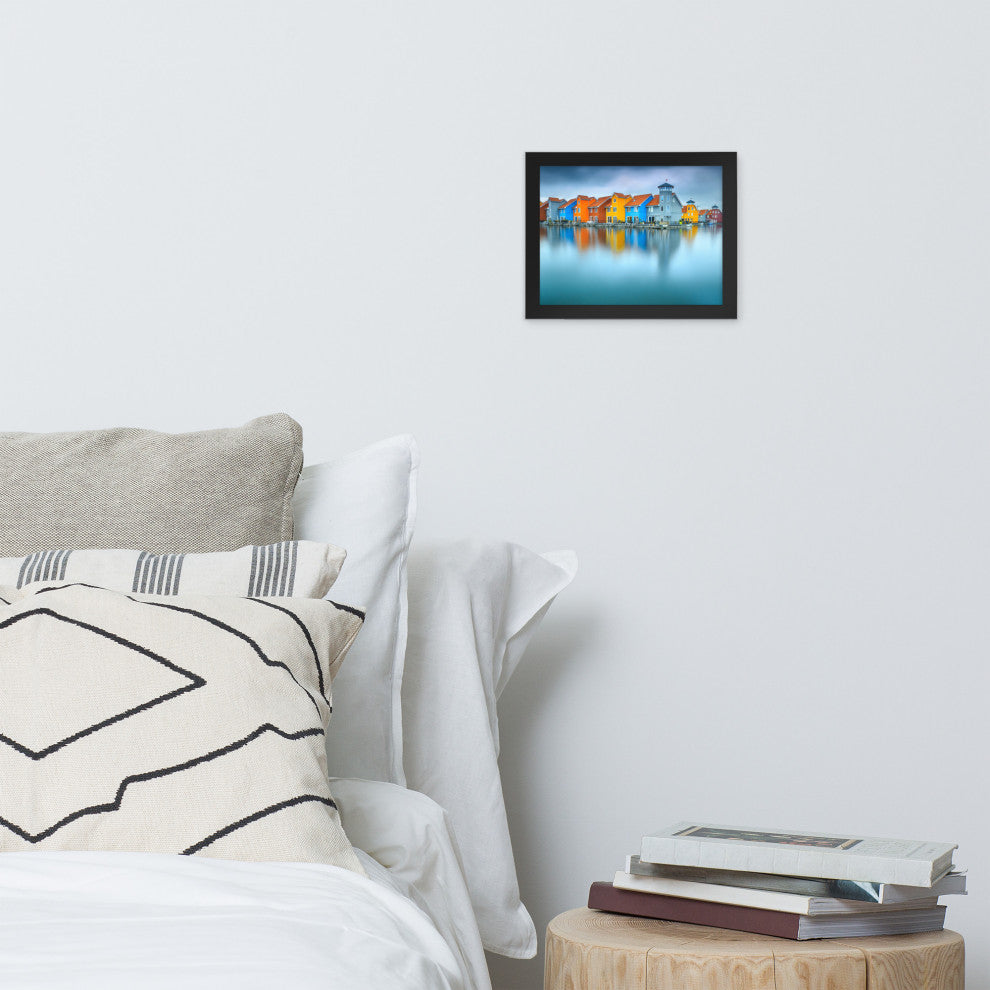 Blue Morning at Waters Edge Landscape Framed Photo Paper Wall Art Prints, Black, 8" X 10"