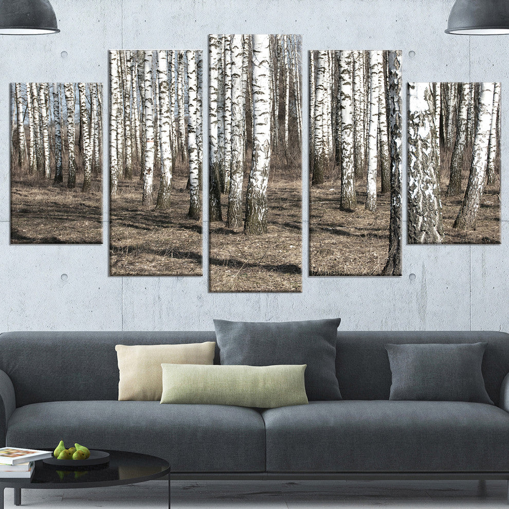 Beautiful Dense Birch Forest View, Modern Forest Canvas Art, 60"x32", 5 Panels