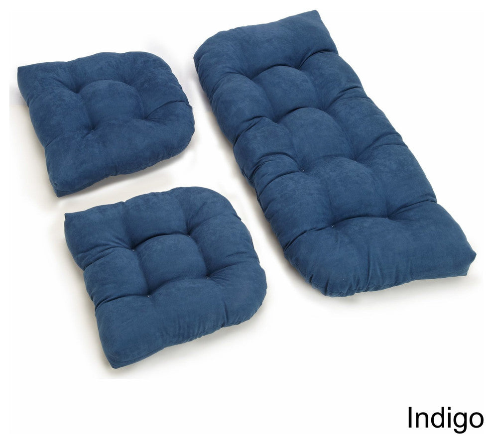 U-Shaped Microsuede Tufted Settee Cushion Set, Set of 3, Indigo