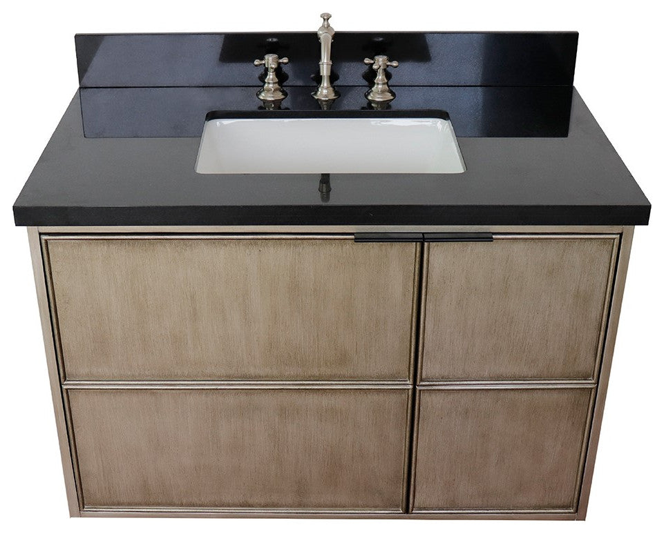 37" Single Wall Mount Vanity, Linen Brown Finish With Black Galaxy Top
