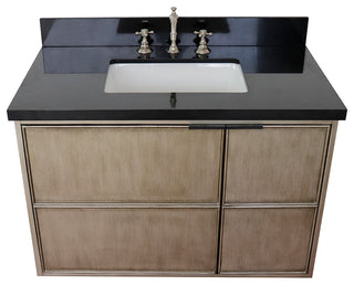 37" Single Wall Mount Vanity, Linen Brown Finish With Black Galaxy Top