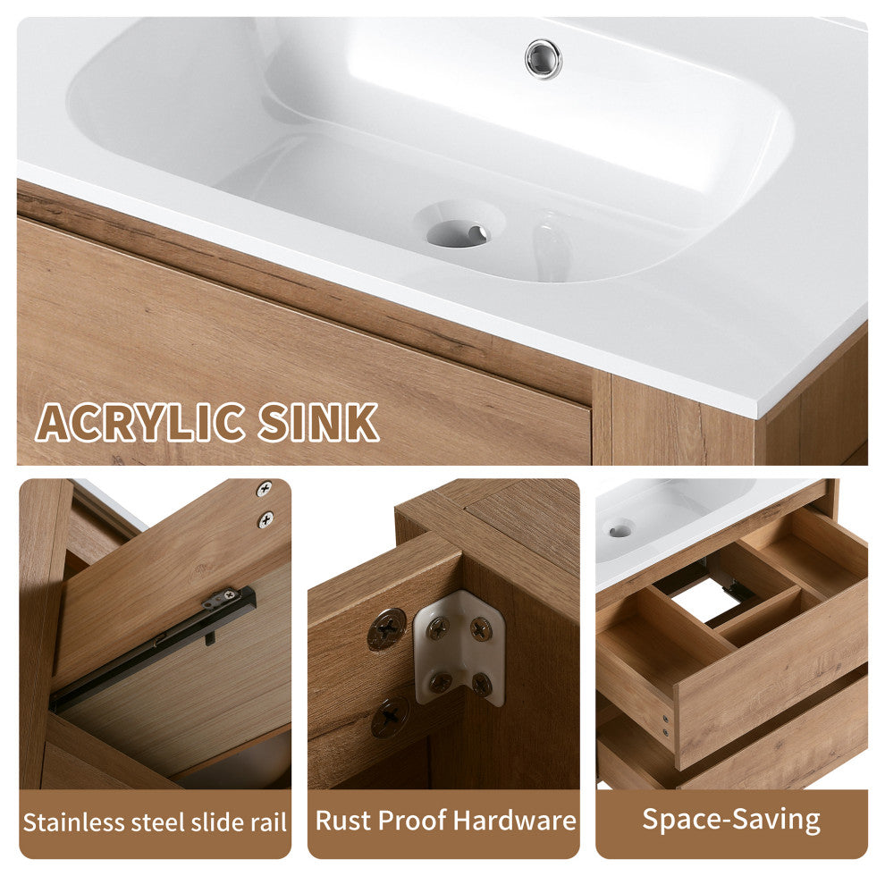 36" Plywood Wall Mounted Bath Vanity Set, Imitative Oak, Gel Basin