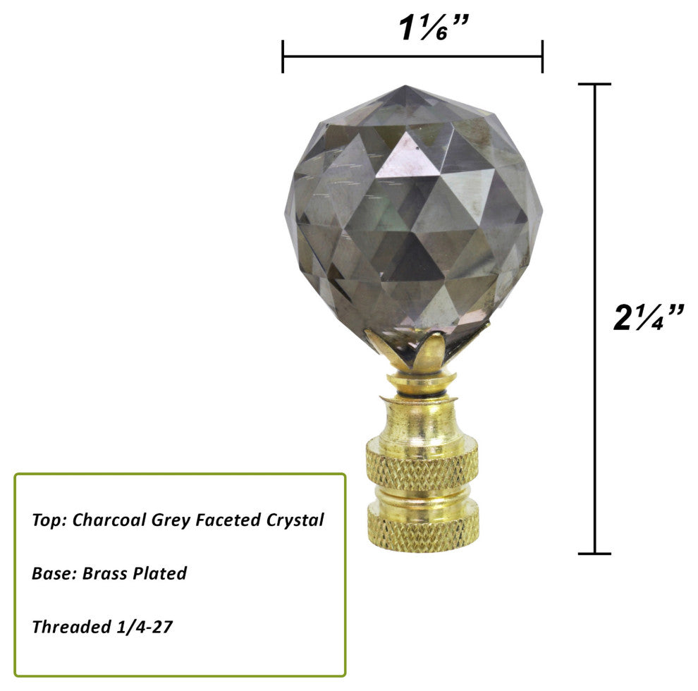 24007-41, 1 Pack Charcoal Grey Faceted Crystal Lamp Finial, Brass Plated Finish