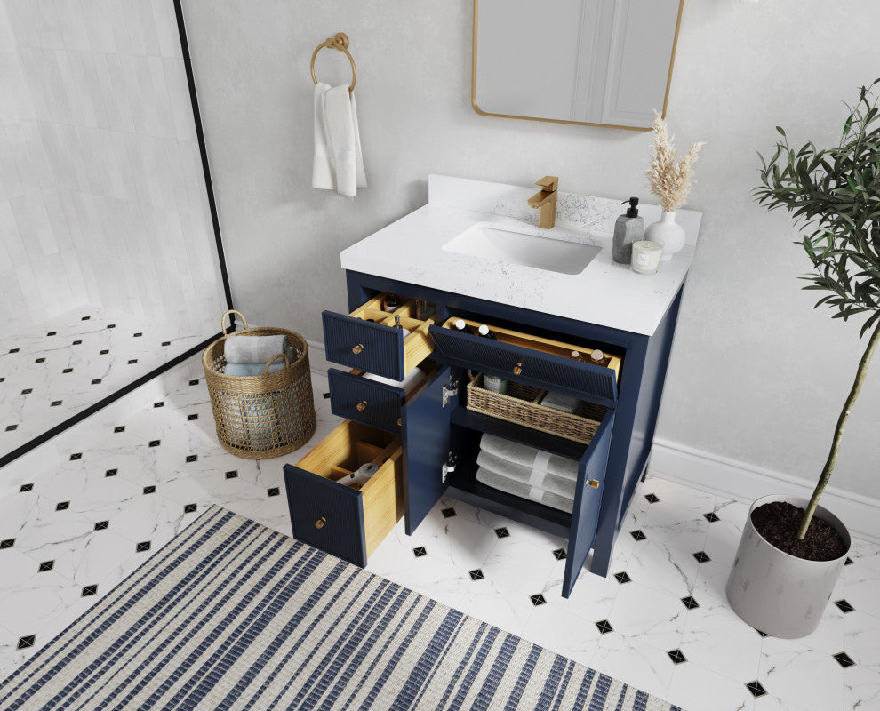 Sonoma 36 Center Sink Reeded Bath Vanity in Hale Navy Blue 2" Carrara Quartz
