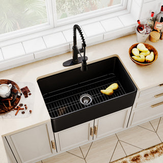 Kitchen Sink Fireclay and Faucet Infrared Pull-out 360 Rotation, Matte Black