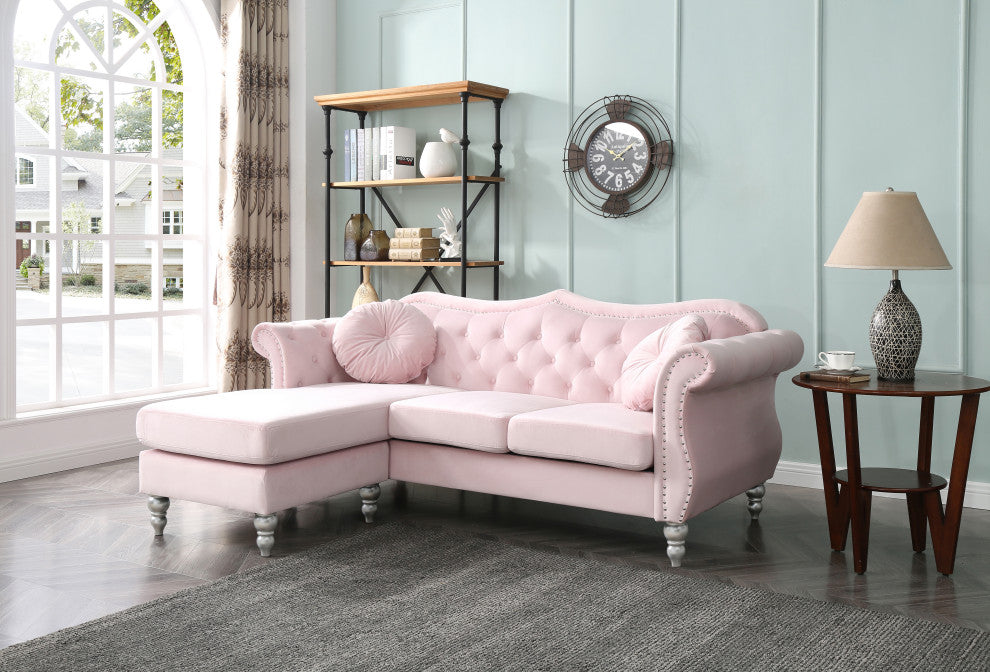 Hollywood Velvet Tufted sofa With Reversible Chaise, Pink