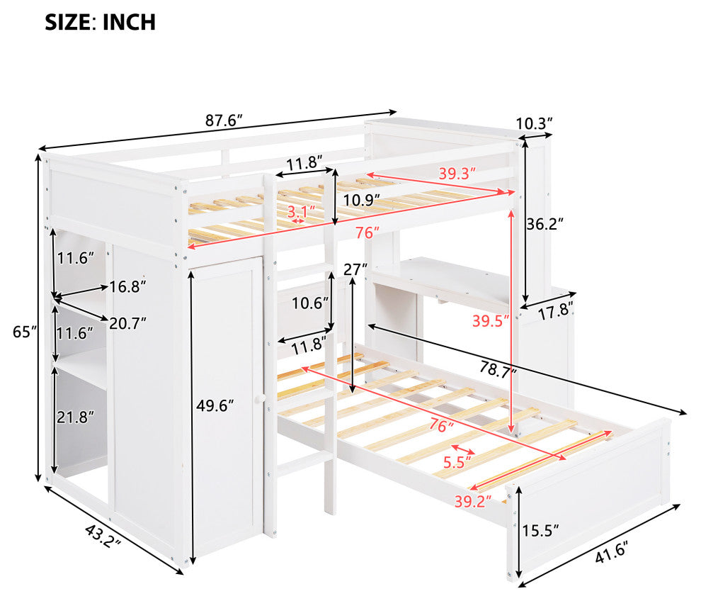 Gewnee Wood Twin size Loft Bed with Platform Bed and Wardrobe in White
