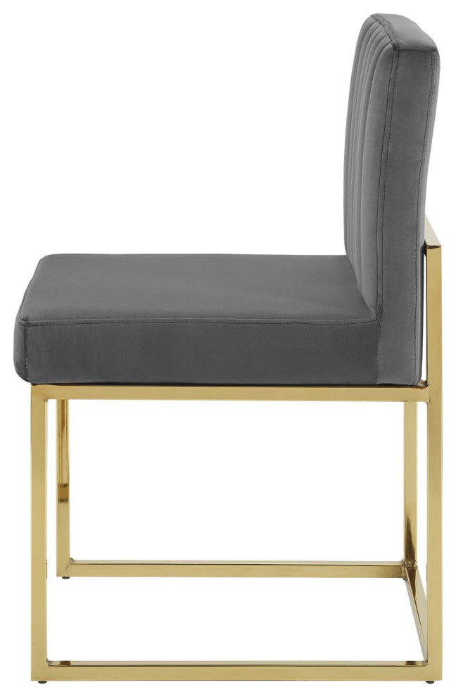Tufted Side Dining Chair, Velvet, Metal, Gold Gray, Cafe Bistro Restaurant