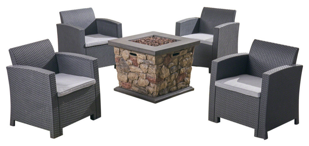 GDF Studio Maggie Outdoor Wicker Print 4 Chat Set with Fire Pit, Charcoal and Li