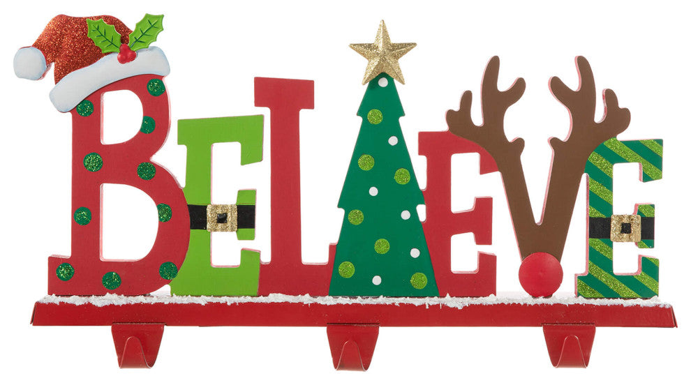 14.5"L Wooden/Metal "BELIEVE" Christmas Stocking Holder