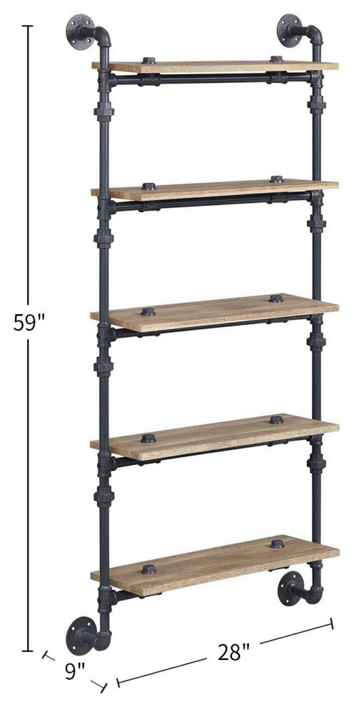 5 Tier Oak Wood Floating Shelf With Metal Tube, Sandy Black