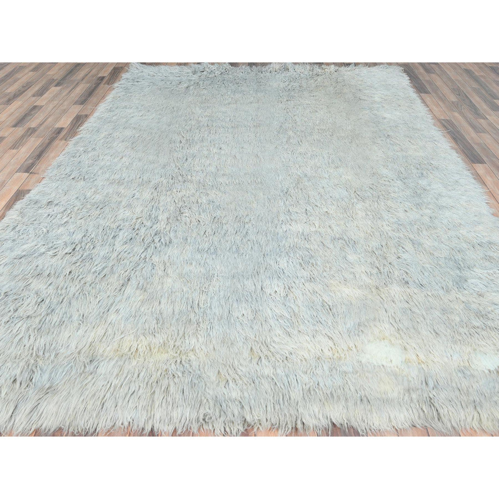 Blueish Gray, Shaggy Moroccan, Undyed Natural Wool Hand Knotted Rug, 8'0"x9'9"