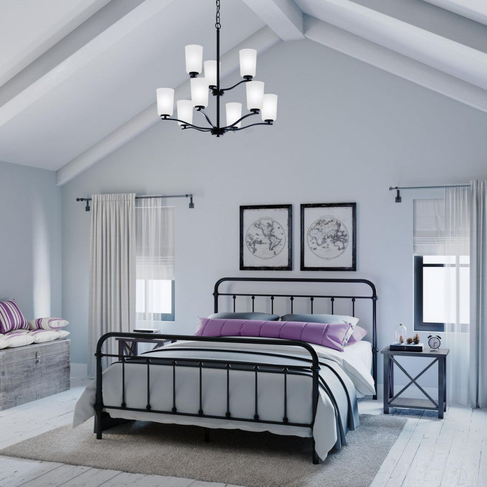 Adley Collection Nine-Light Matte Black Etched White Opal Glass Chandelier