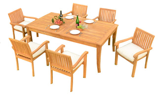 7-Piece Teak Dining Set, 122" X-Large Rectangle Table, 6 Nain Stacking Chairs