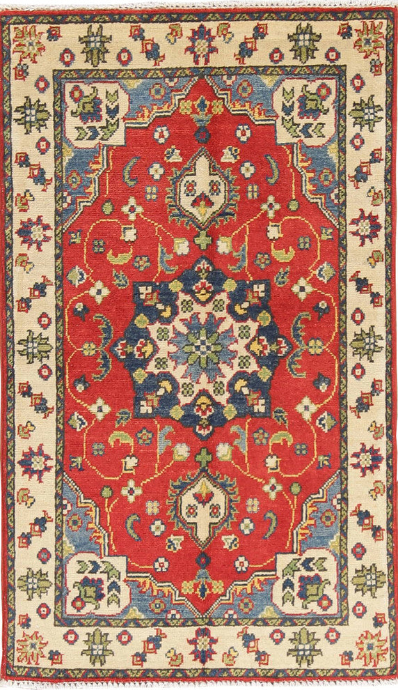 Oriental Pakistani Kazak Wool Hand-Knotted Traditional Area Rug, Red, 4'4"X2'8"