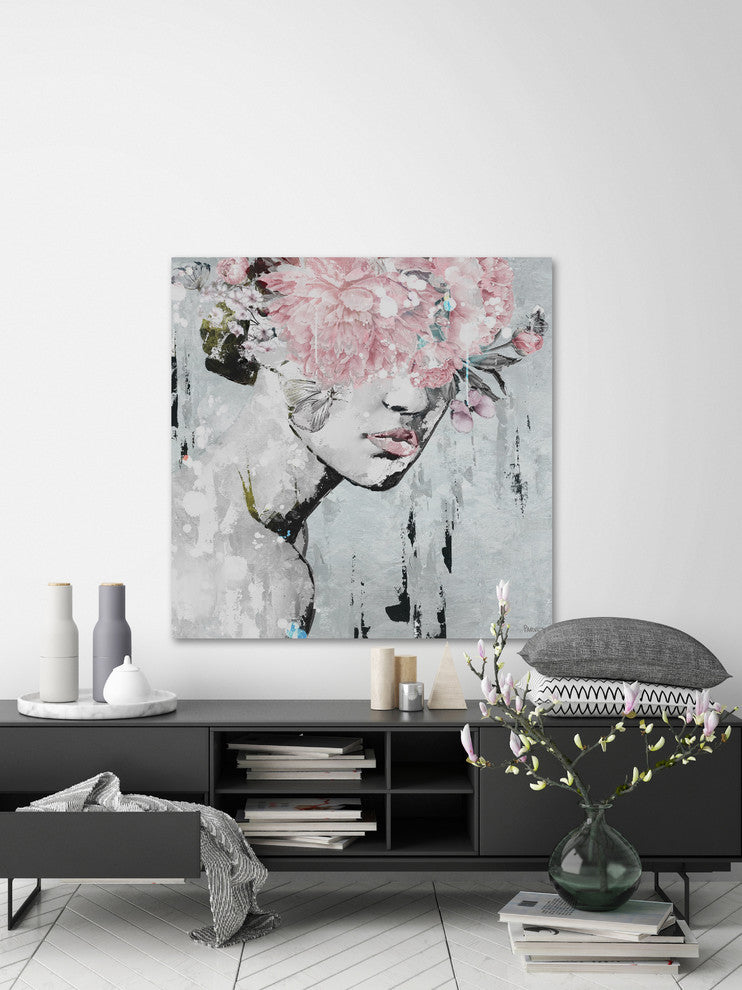 "Pink Flower Bloom" Painting Print on Wrapped Canvas, 18"x18"