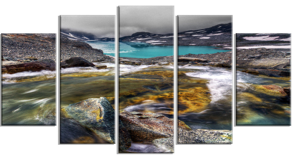 Mountain Creek Flowing into Lake, Landscape Canvas Print, 60"x32", 5 Panels