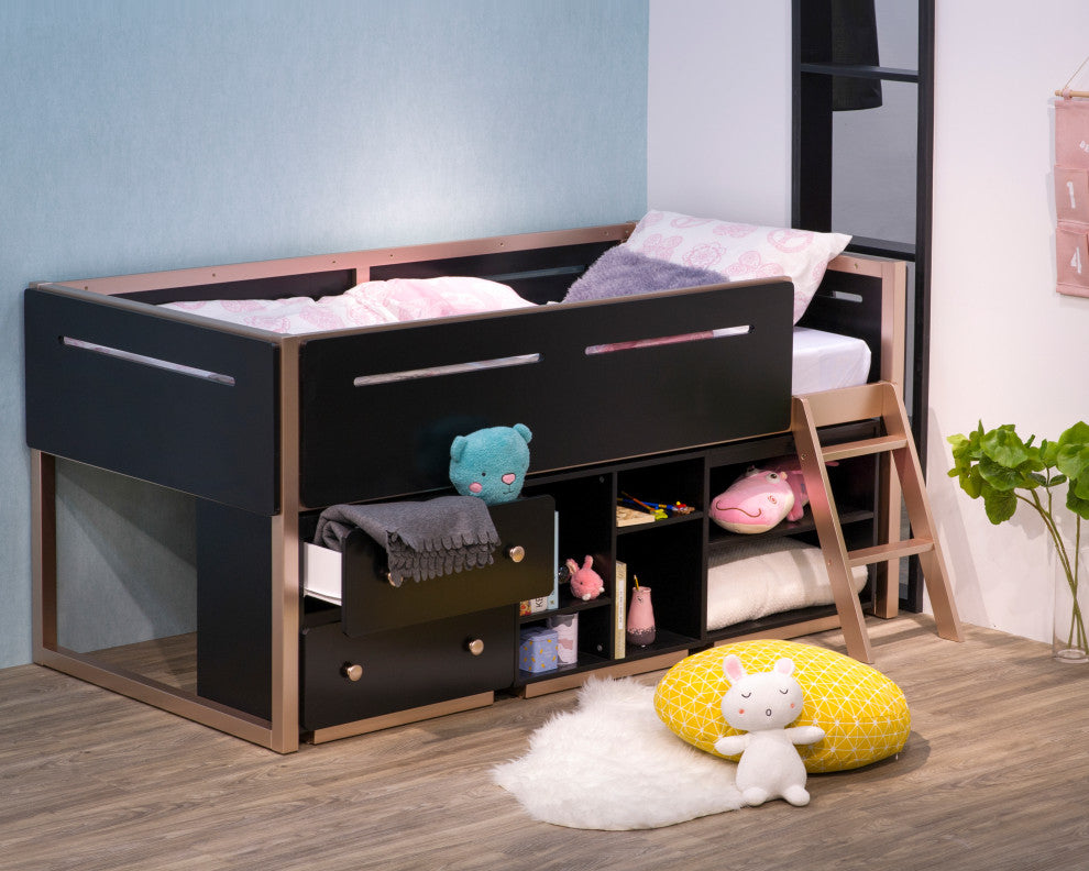Prescott Bookshelf, 2 Compartments, Black and Rose-Gold