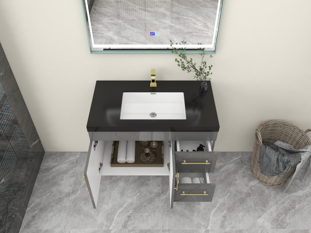 Rosa 36" Wall Mounted Modern Vanity, High Gloss Gray, Matt Black Top