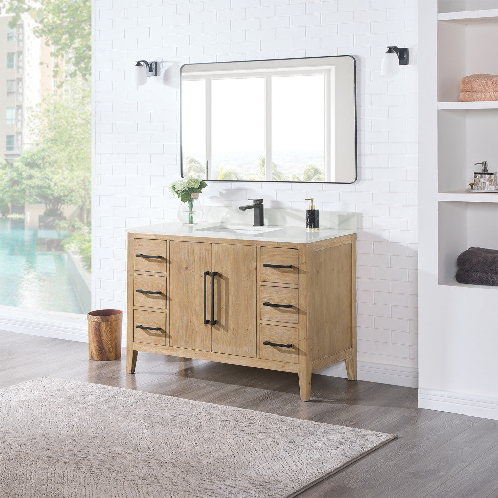 Laurel Bathroom Vanity with Calacatta White Quartz Stone Countertop, Weathered Fir, 48", With Mirror