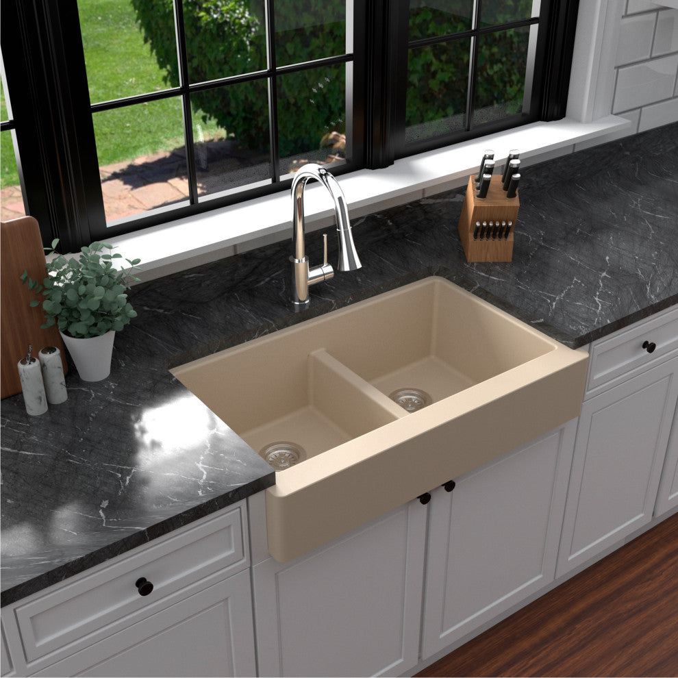 Karran Retrofit Farmhouse Quartz 34" Double Bowl Sink Kit, Bisque