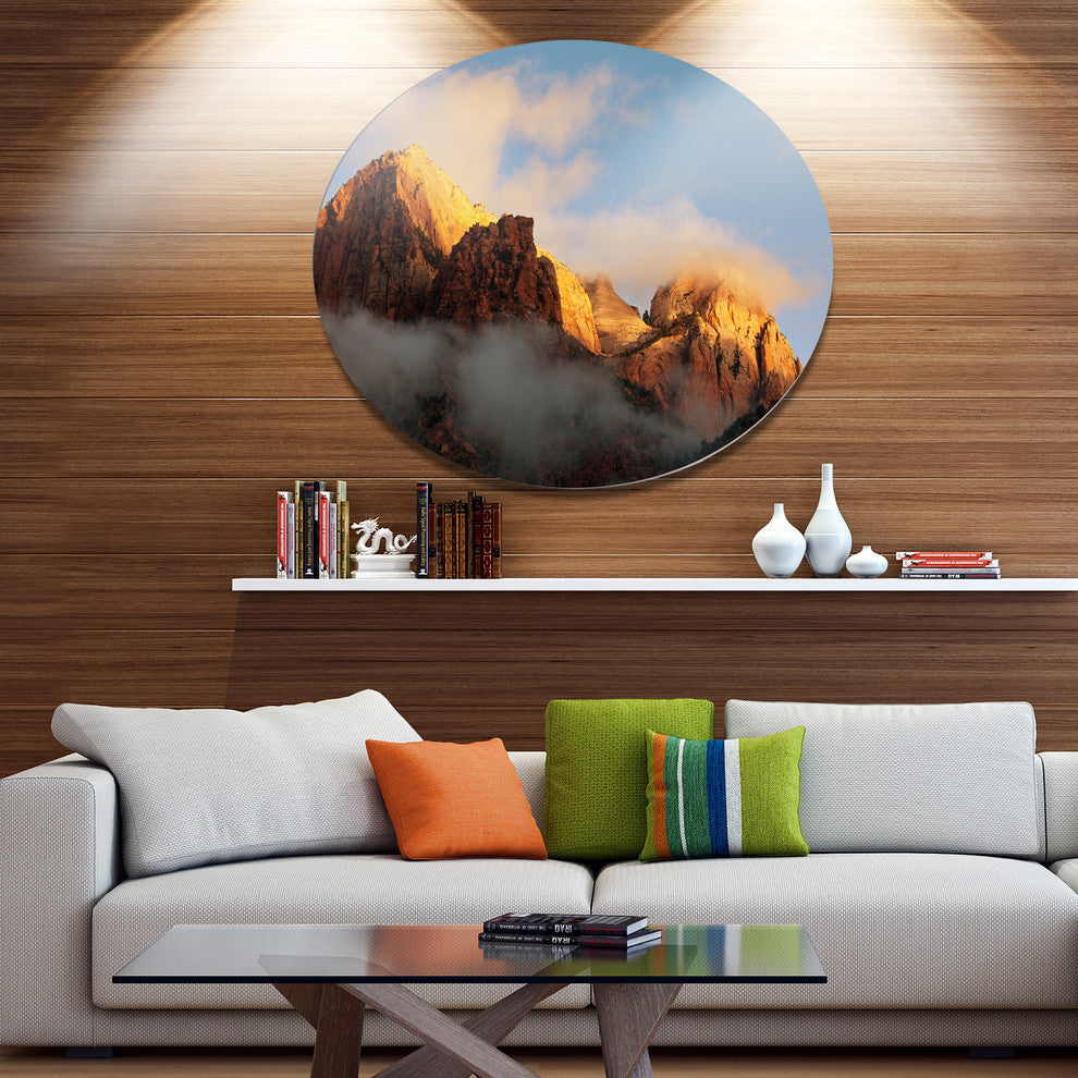 Foggy Hills In Zion National Park, Landscape Disc Metal Artwork, 11"