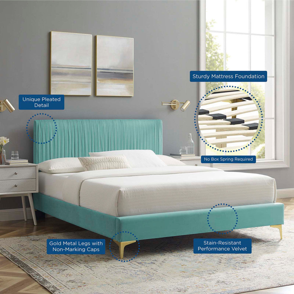Platform Bed Frame, Queen Size, Velvet, Blue, Modern Contemporary, Bedroom