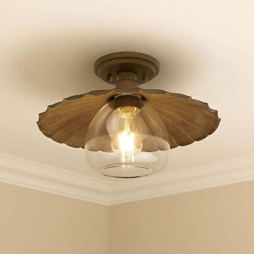 1 Light 14" Flush Mount, Dark Rust With Clear Glass Shade