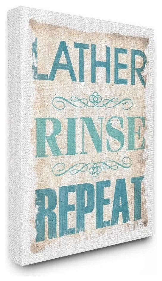 Blue and Tan Lather Rinse Repeat Burlap Texture Typography, Canvas, 24"x30"