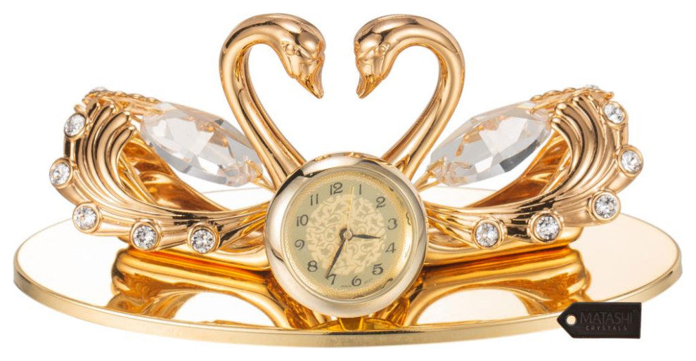 24K Gold Plated Loving Swans Figurine Table-Top Clock Ornament