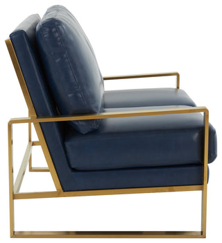 LeisureMod Jefferson Leather Modern Design Loveseat With Gold Frame, Navy Blue