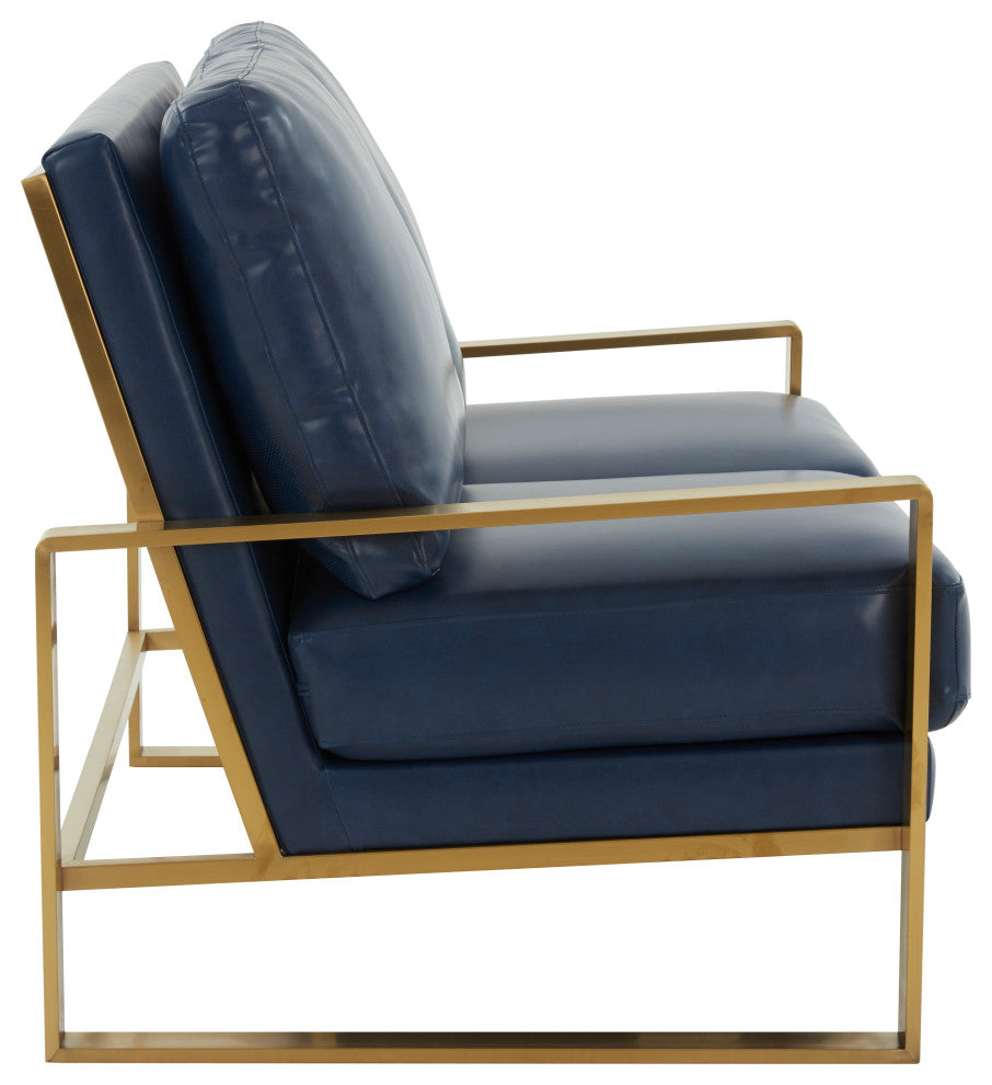 LeisureMod Jefferson Leather Modern Design Loveseat With Gold Frame, Navy Blue