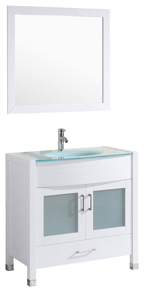 Style 3, 36"W White Vanity Sink Base Cabinet, Mirror, LV3-36W