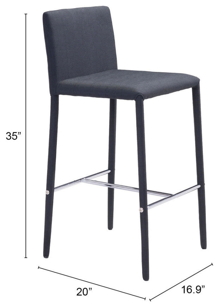 Counter Stool Chair, Set of 2, Steel Metal, Fabric, Black, Chrome, Cafe Bistro