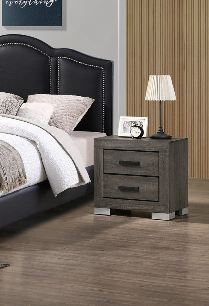 2 Drawers Wood Nightstand With Black Handles, Gray