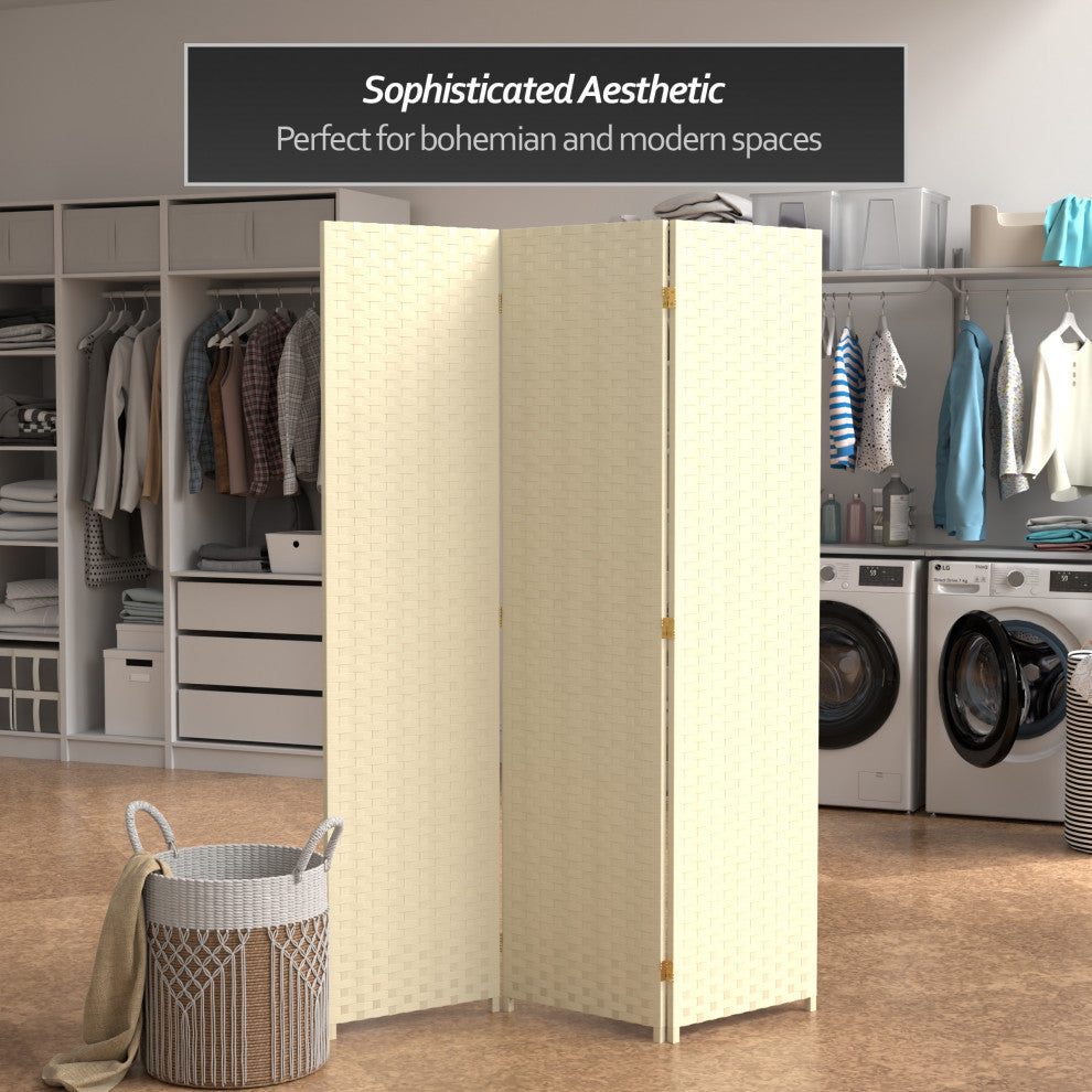 6' Tall Woven Fiber Room Divider, 3 Panel, Cream
