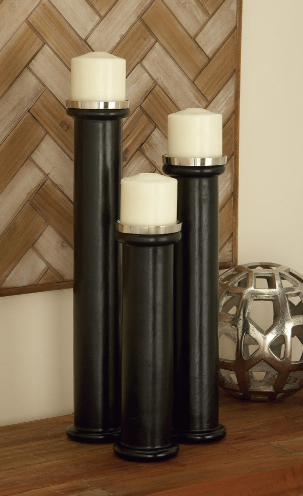 Set of 3 Modern 12, 15 and 18" Mango Wood and Metal Scroll Candle Holders