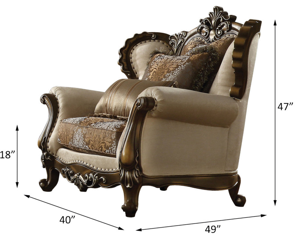 Latisha Chair With 2 Pillow, Tan, Pattern Fabric and Antique Oak
